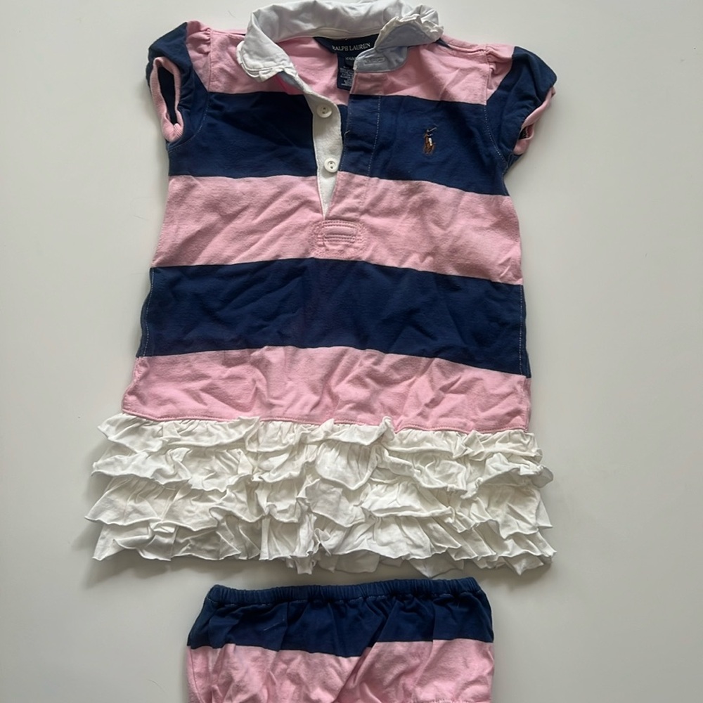 Ralph Lauren 24M girls rugby dress with diaper cover, pink and navy